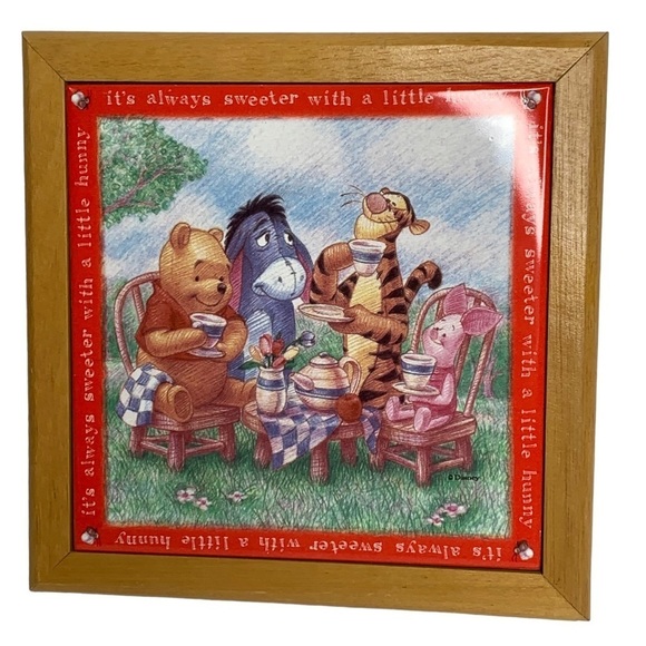 Disney Winnie the zoo Porcelain Tile with Wooden Border Trivet / Hangs on Wall - Picture 1 of 8